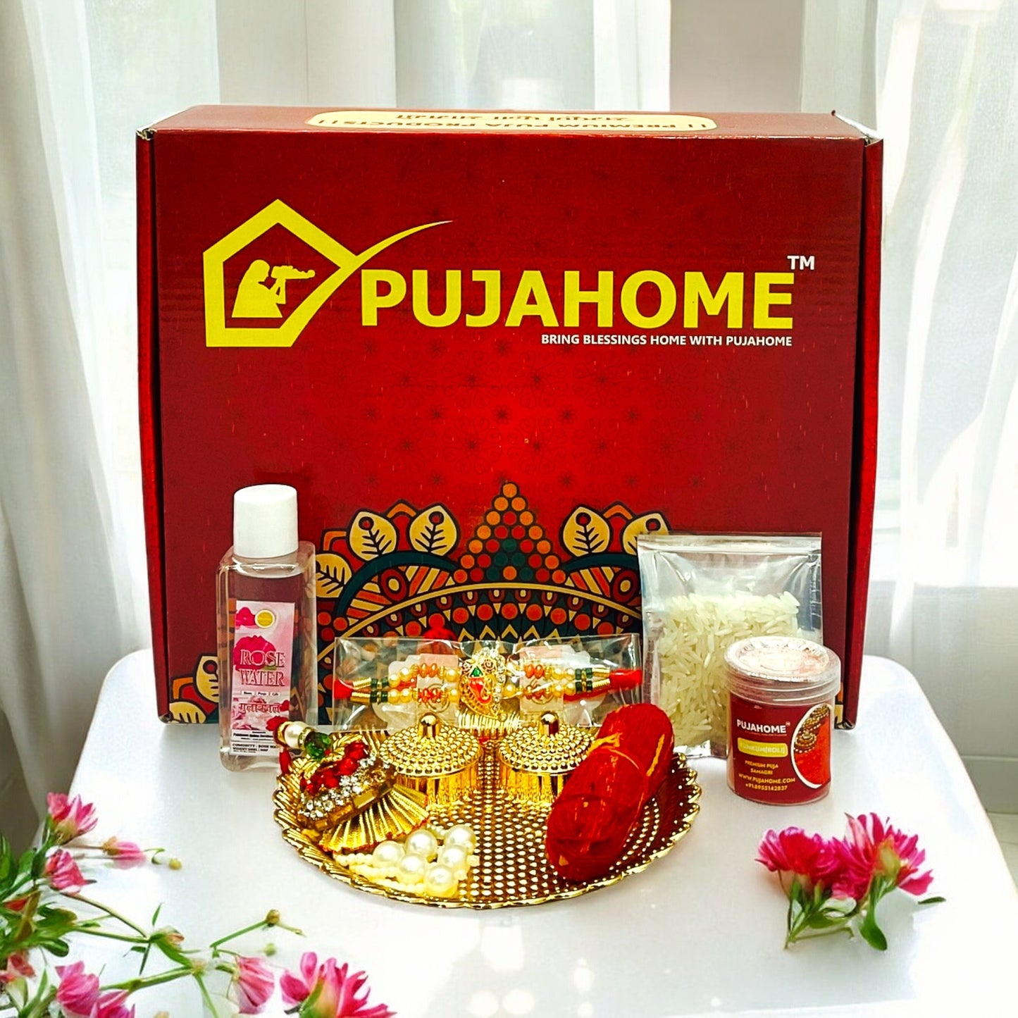Pujahome Rakhi Puja Set | Puja Thali, Rakhi | Complete kit for celebrate raksha bandhan - Pack of 8 Items