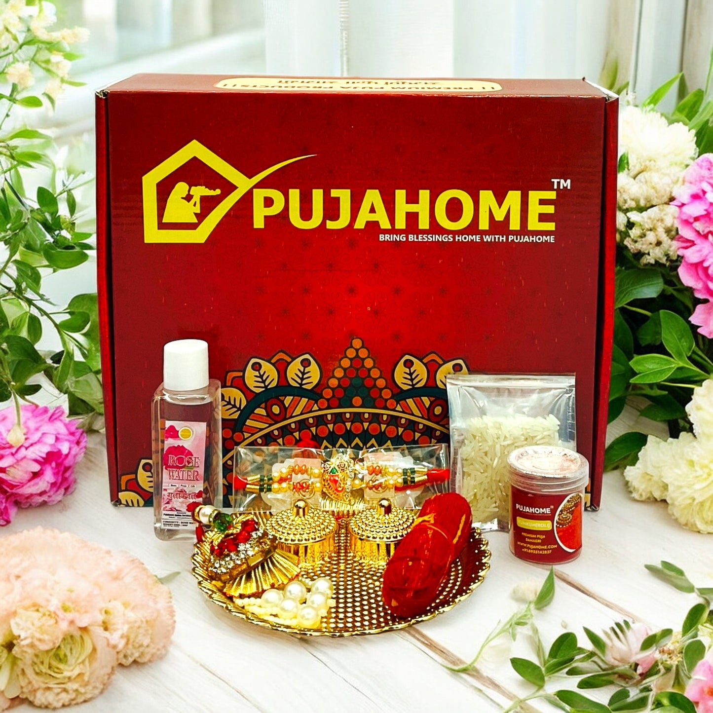 Pujahome Rakhi Puja Set | Puja Thali, Rakhi | Complete kit for celebrate raksha bandhan - Pack of 8 Items