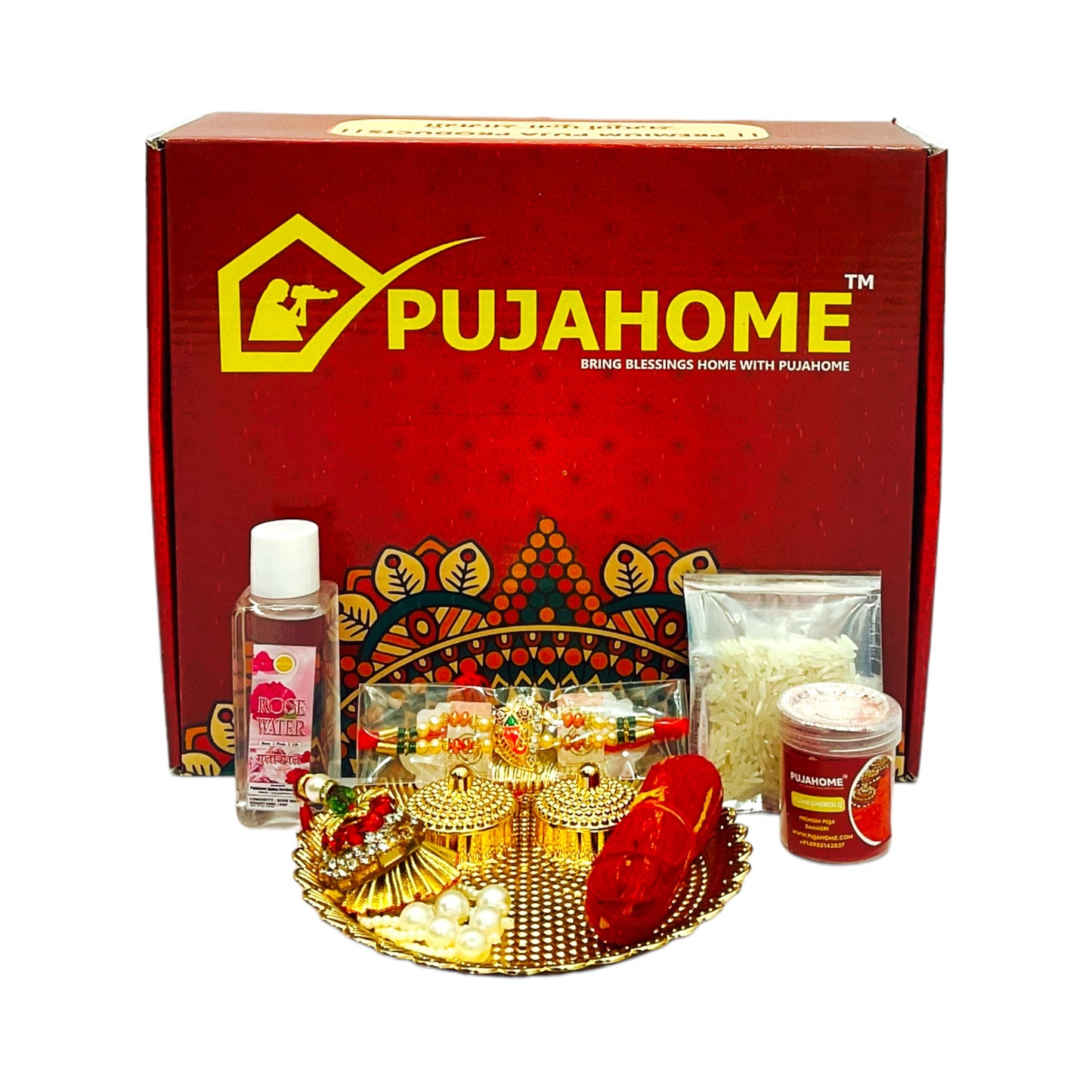 Pujahome Rakhi Puja Set | Puja Thali, Rakhi | Complete kit for celebrate raksha bandhan - Pack of 8 Items