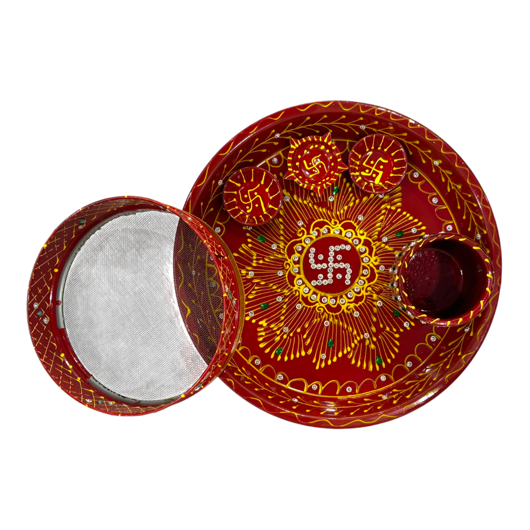 पूजाहोम हस्तनिर्मित करवा चौथ पूजा थाली सेट | स्टेनलेस स्टील थाली | कलश, दीया, और कटोरे | चन्नी (सतिया डिजाइन)