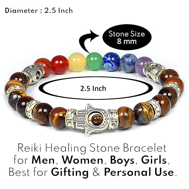 Pujahome Tiger Eye Bracelet, 7 Chakra Bracelet, Combination Bracelet, Crystal Bracelet 8 mm Stone Bracelet with Hamsa Charm Bracelet (Color : Multi)