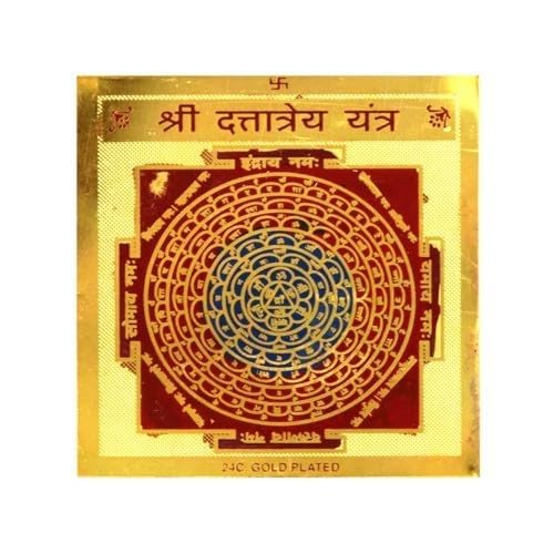 Pujahome Premium Shree Dattatreya Yantra, 3.25X3.25 Inch, Gold Polished - Spiritual Aid for Peace & Prosperity