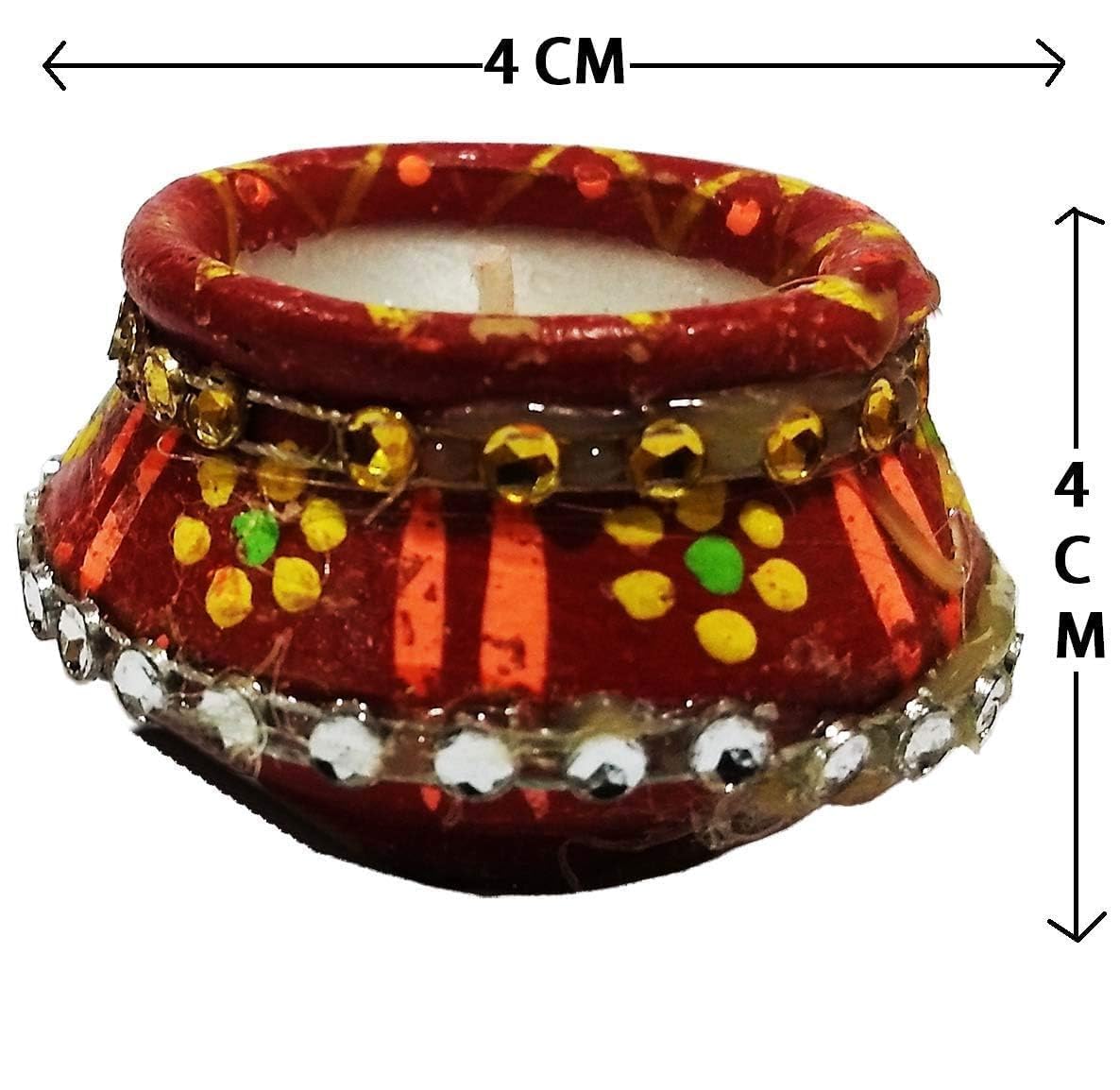 Pujahome Multicolored Mitti Diya for Diwali | Terracotta matki Diya with Wax Filled | Matki Diya with Wax Filled (Set of 12) | Diya for Puja | Designer Diye | Mitti Ke Deepak Candle