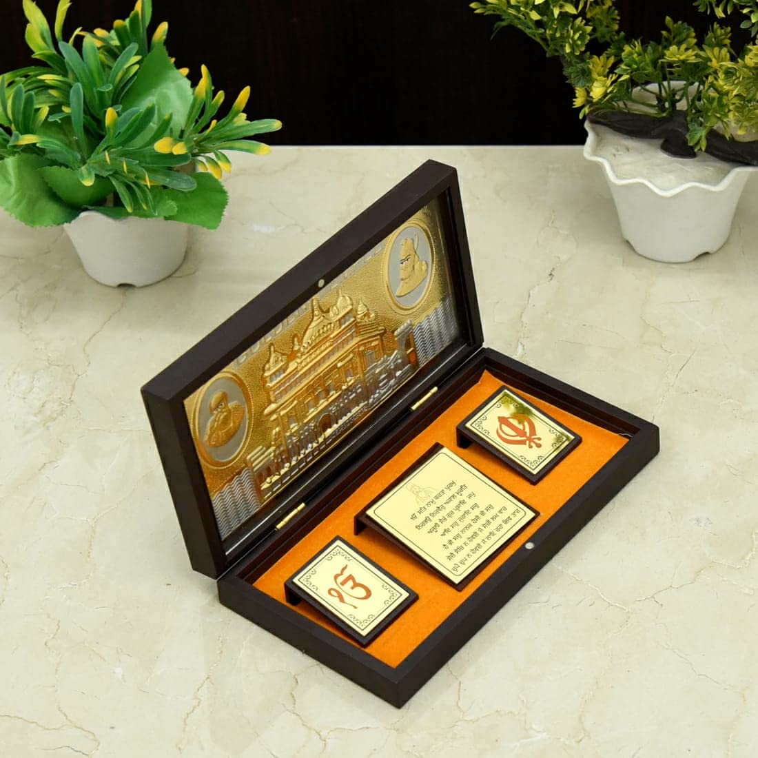 Pujahome Gold Plated Charan Paduka for Decor Home & Pooja Ghar Decorative Showpiece Box (Satnam Shri Waheguruji)