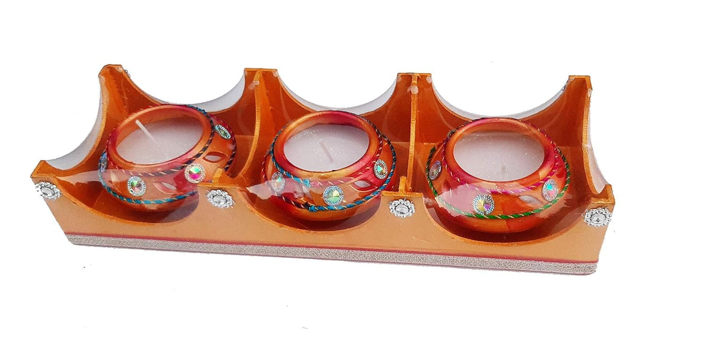 Pujahome Set of 3 Wax Filled Big Matka Shape Decorated Terracotta Handmade Traditional Clay Mitti Diya Candle Pooja Diya for Diwali, Navratri Pooja Diya for Diwali Decoration