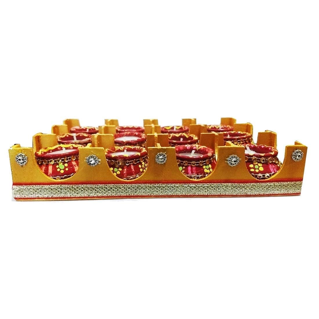 Pujahome Multicolored Mitti Diya for Diwali | Terracotta matki Diya with Wax Filled | Matki Diya with Wax Filled (Set of 12) | Diya for Puja | Designer Diye | Mitti Ke Deepak Candle