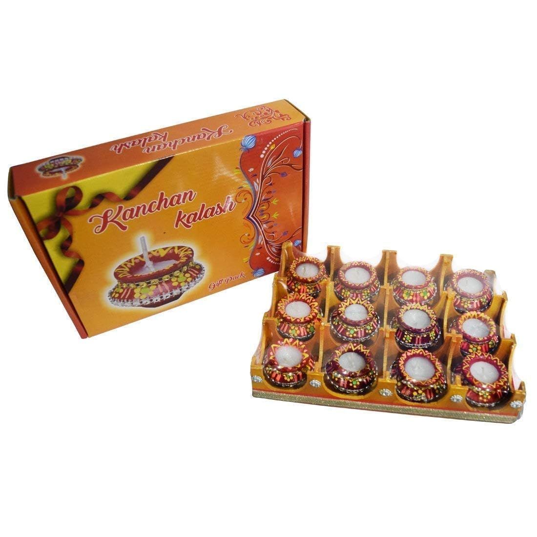 Pujahome Multicolored Mitti Diya for Diwali | Terracotta matki Diya with Wax Filled | Matki Diya with Wax Filled (Set of 12) | Diya for Puja | Designer Diye | Mitti Ke Deepak Candle