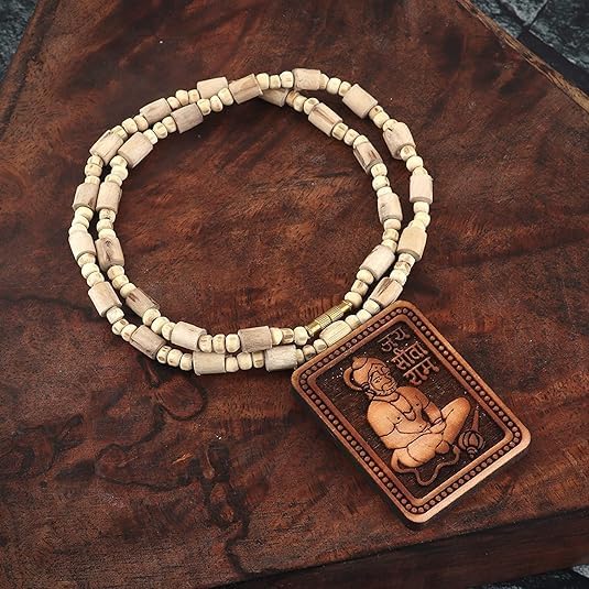 Pujahome Original & Natural Wood Tulsi Kanthi Mala With Hanuman Ji Locket Pendant