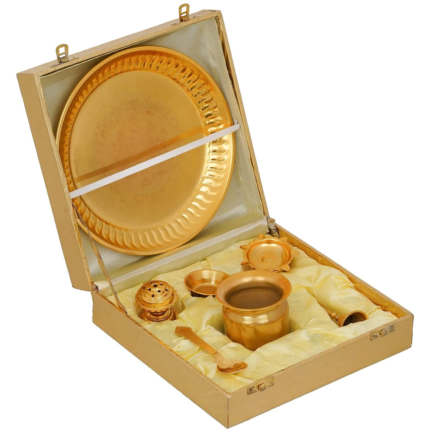 Pujahome Gold Plated Brass Pooja Thali Golden Colour with Golden Box (7 PEC. Golden)