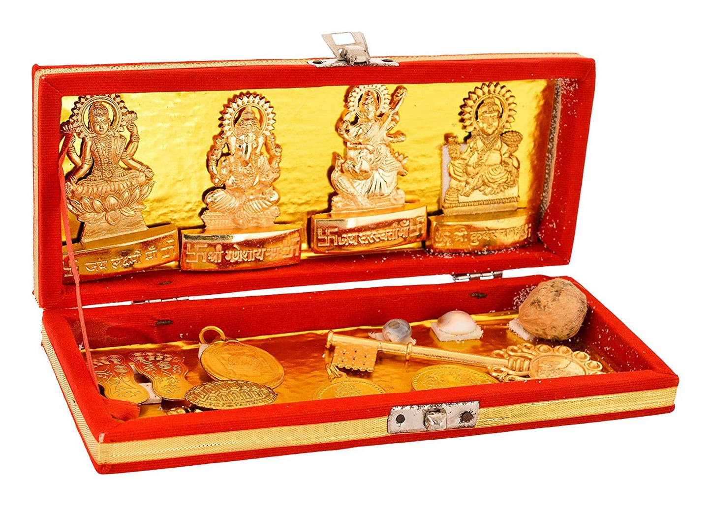पूजाहोम पीतल श्री धन लक्ष्मी कुबेर भंडारी यंत्र सर्व समृद्धि यंत्र बॉक्स (गोल्डन)