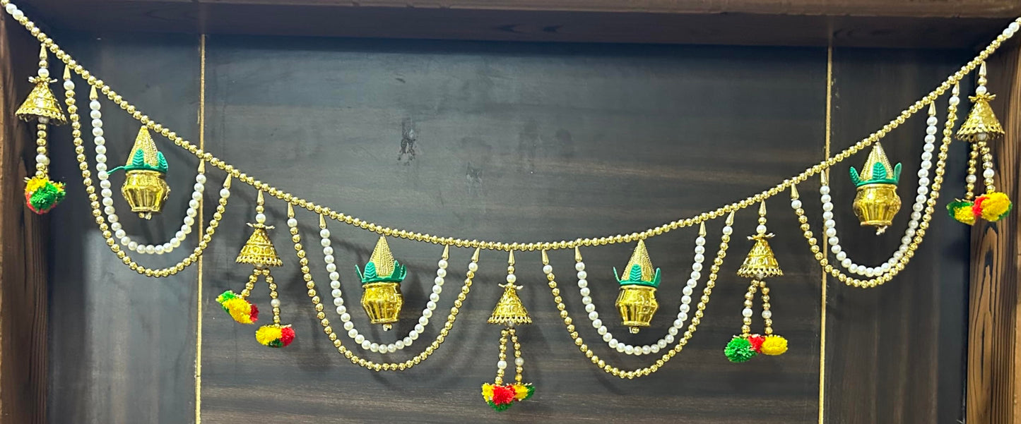 Pujahome Golden Kalash and Bell with Plastic Beads Moti Fancy,Handmade Door Hanging/Bandarwal/Toran for Door, Traditional Bandarwal for Door, Multicolor