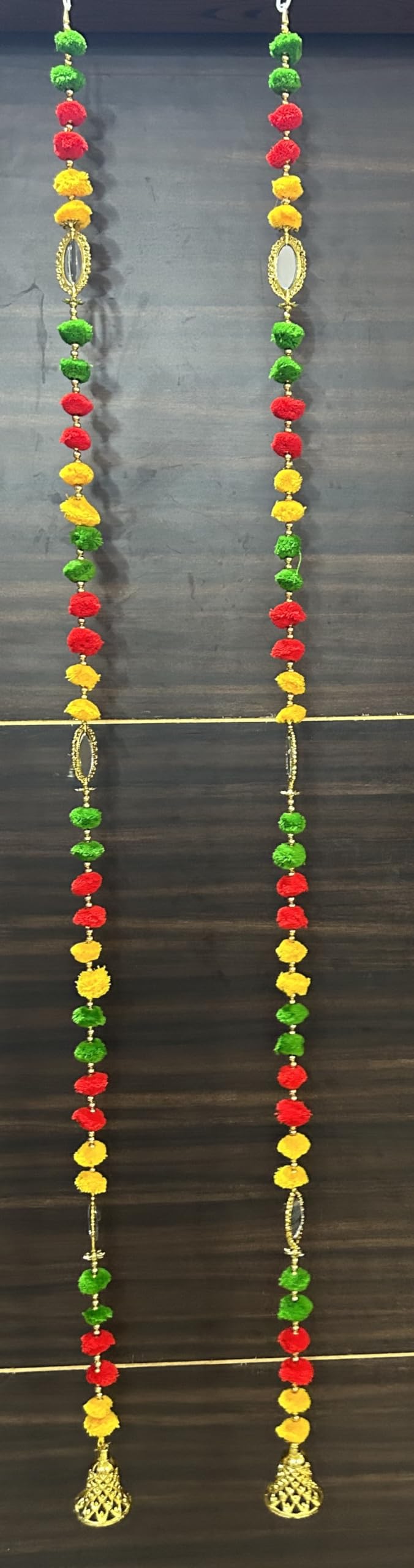 Pujahome Woollen Handmade Wall Door Hanging Pom Pom Torans Garland with Bells (Red Yellow Green, Golden) - 1 Pair