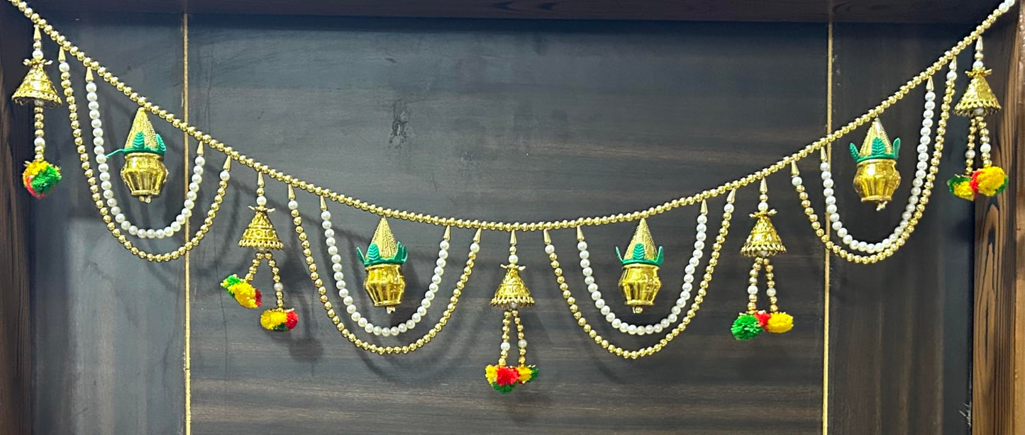 Pujahome Golden Kalash and Bell with Plastic Beads Moti Fancy,Handmade Door Hanging/Bandarwal/Toran for Door, Traditional Bandarwal for Door, Multicolor