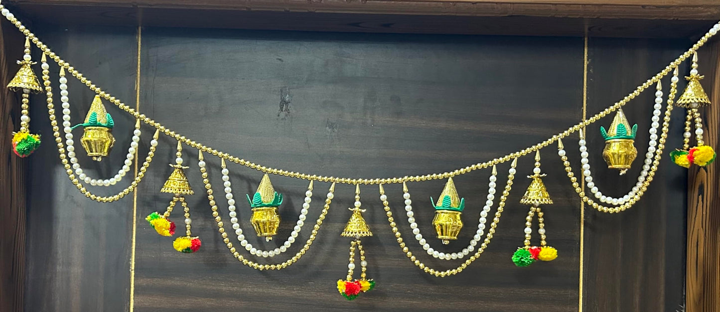 Pujahome Golden Kalash and Bell with Plastic Beads Moti Fancy,Handmade Door Hanging/Bandarwal/Toran for Door, Traditional Bandarwal for Door, Multicolor