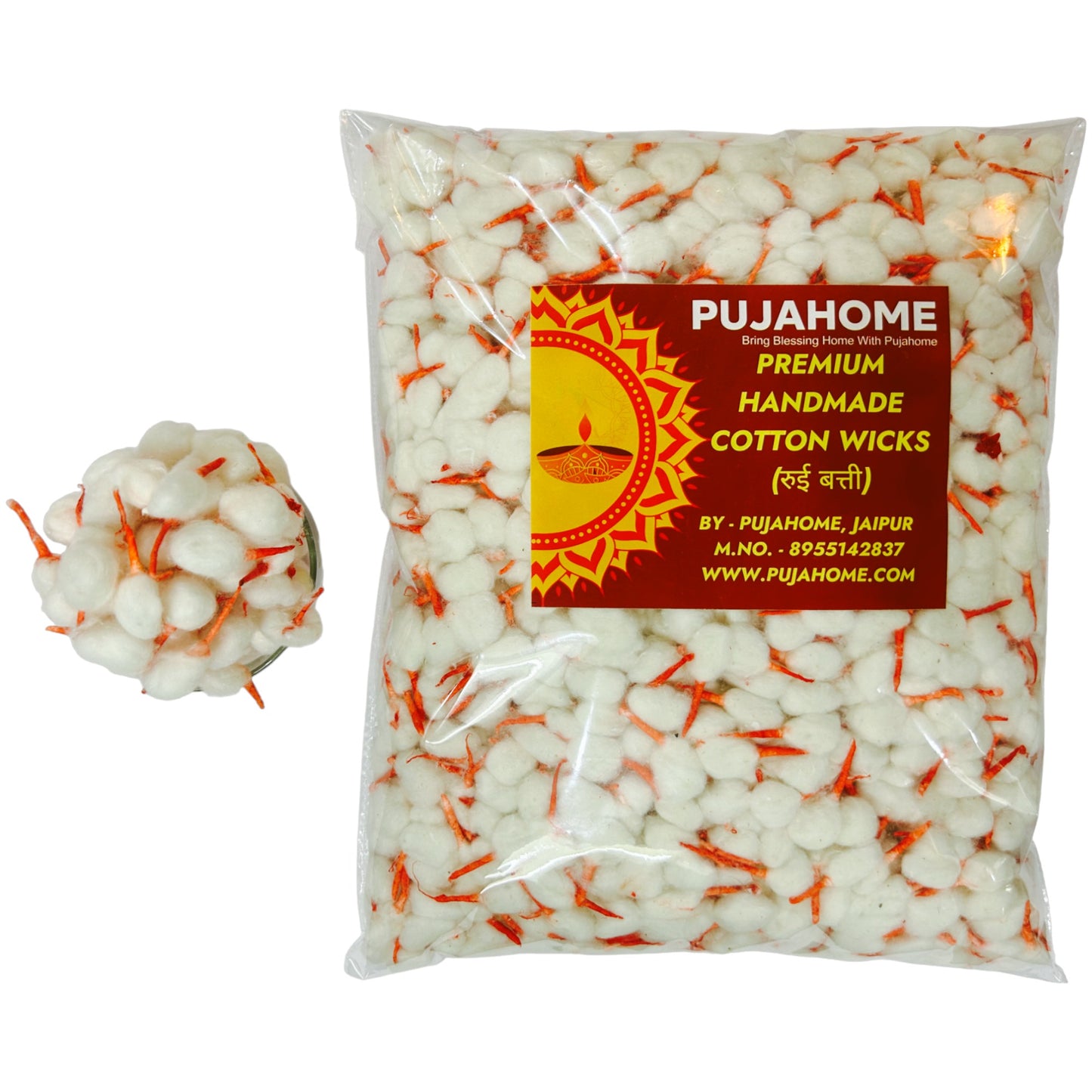 Pujahome Round Cotton Wicks/Diya Batti With Kesar Tip Pack of 500