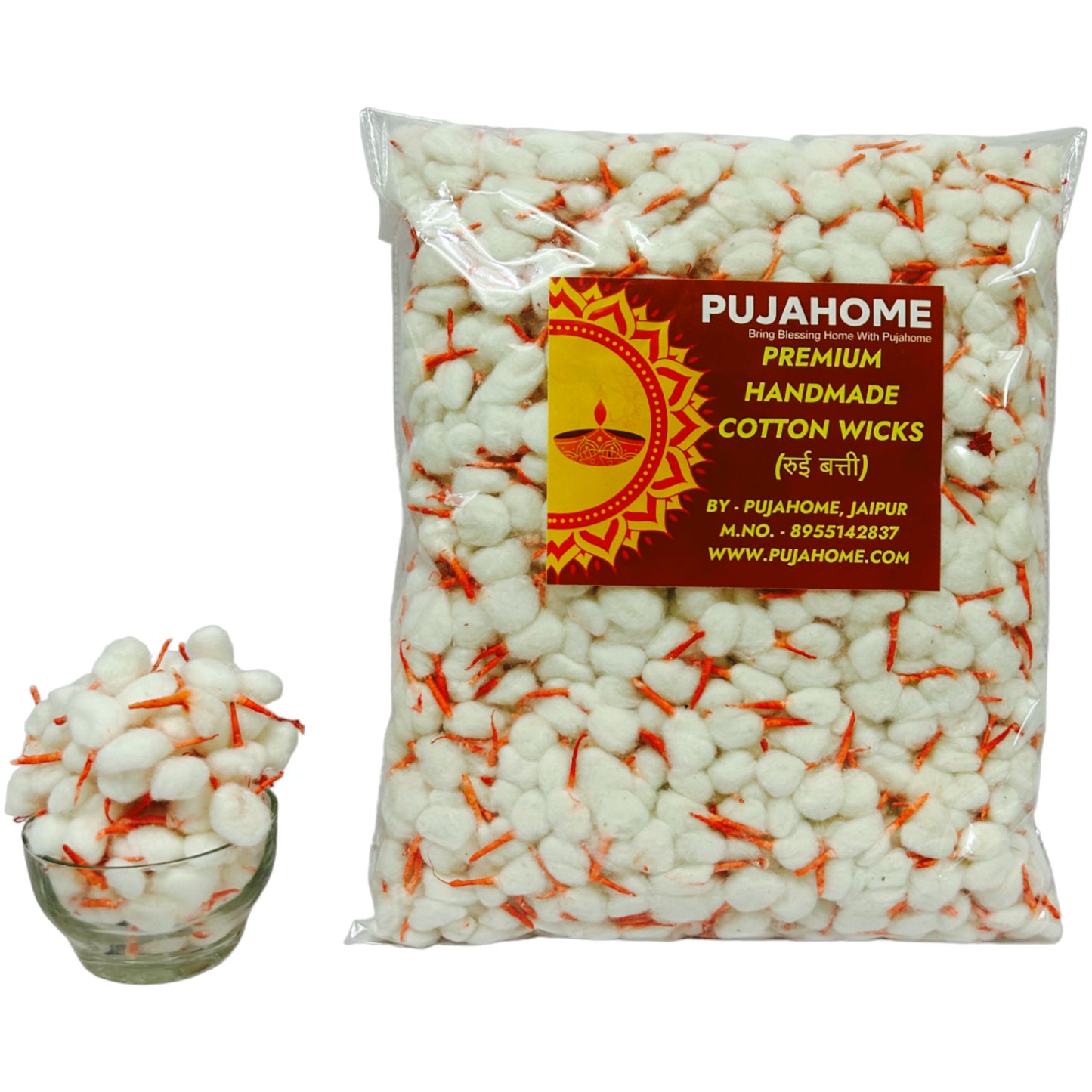 Pujahome Round Cotton Wicks/Diya Batti With Kesar Tip Pack of 500