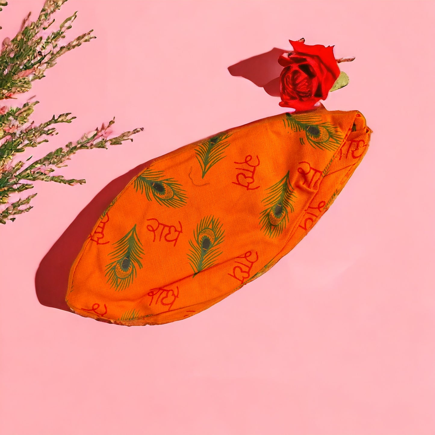 Pujahome Radhe Printed Jaap Bag in Orange Color for Prayer Beads Gomukhi Jaap Bag