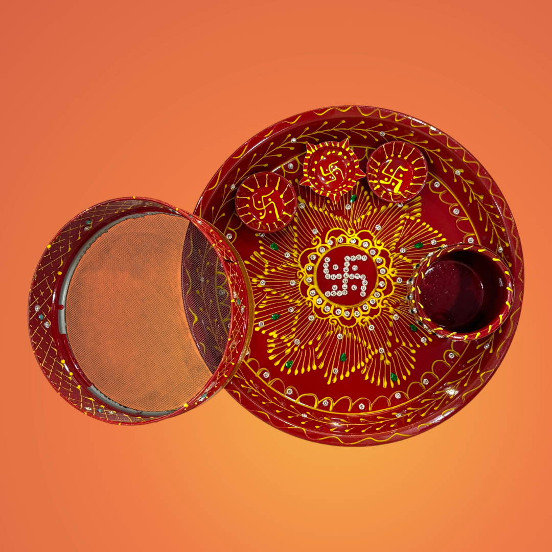 पूजाहोम हस्तनिर्मित करवा चौथ पूजा थाली सेट | स्टेनलेस स्टील थाली | कलश, दीया, और कटोरे | चन्नी (सतिया डिजाइन)