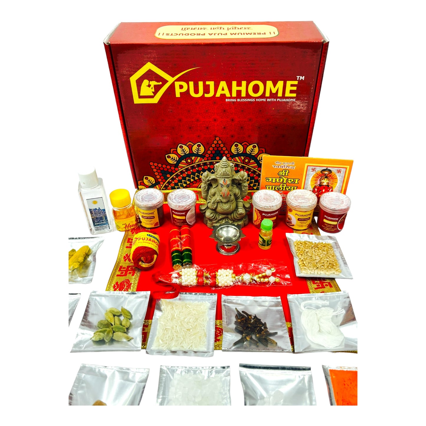 गणेश चतुर्थी के लिए पूजाहोम गणेश पूजा सामग्री किट मिट्टी (मिट्टी) गणेश मूर्ति के साथ (32 आइटम)