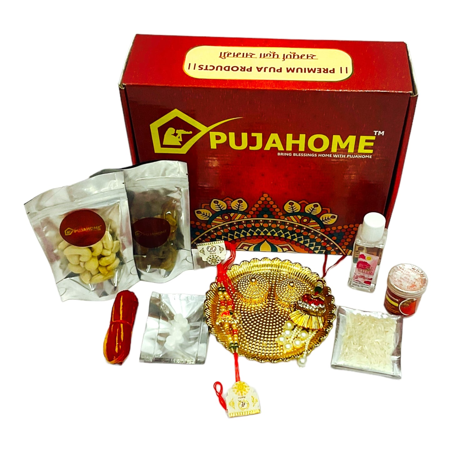 Pujahome Rakhi Puja Set | Puja Thali, Rakhi | Complete kit for celebrate raksha bandhan - Pack of 10 Items