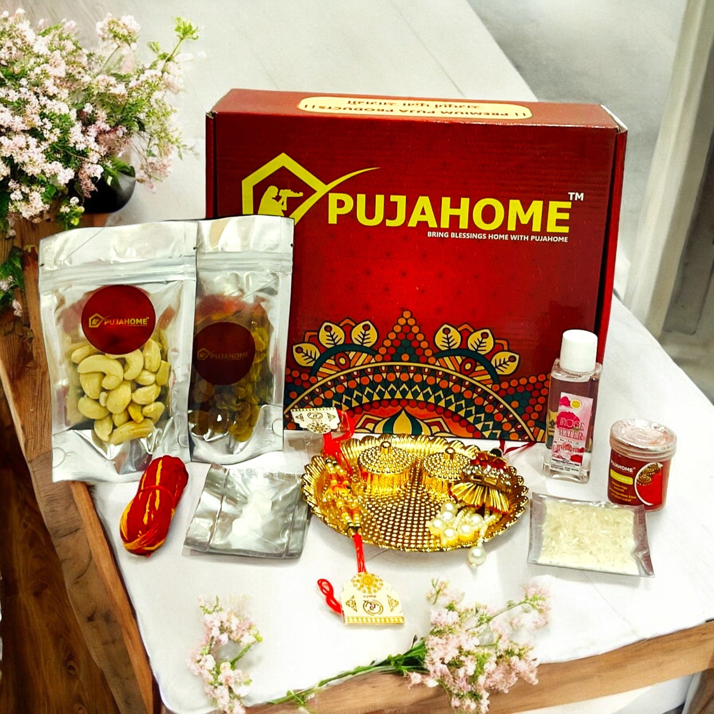 Pujahome Rakhi Puja Set | Puja Thali, Rakhi | Complete kit for celebrate raksha bandhan - Pack of 10 Items