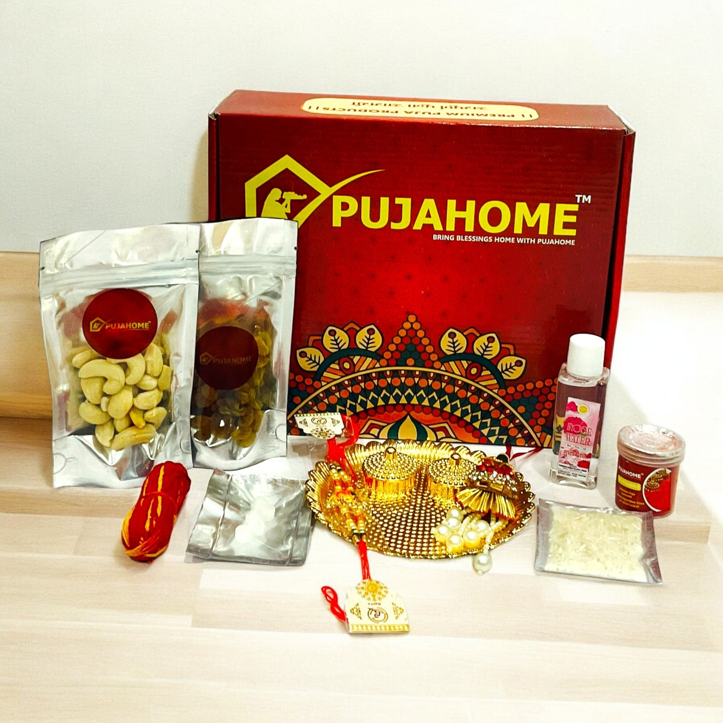 Pujahome Rakhi Puja Set | Puja Thali, Rakhi | Complete kit for celebrate raksha bandhan - Pack of 10 Items