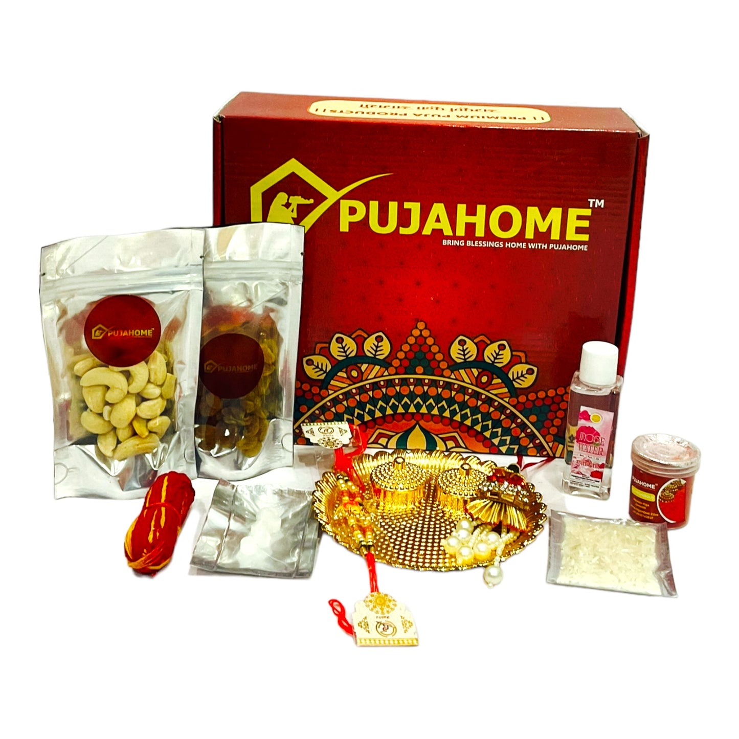 Pujahome Rakhi Puja Set | Puja Thali, Rakhi | Complete kit for celebrate raksha bandhan - Pack of 10 Items