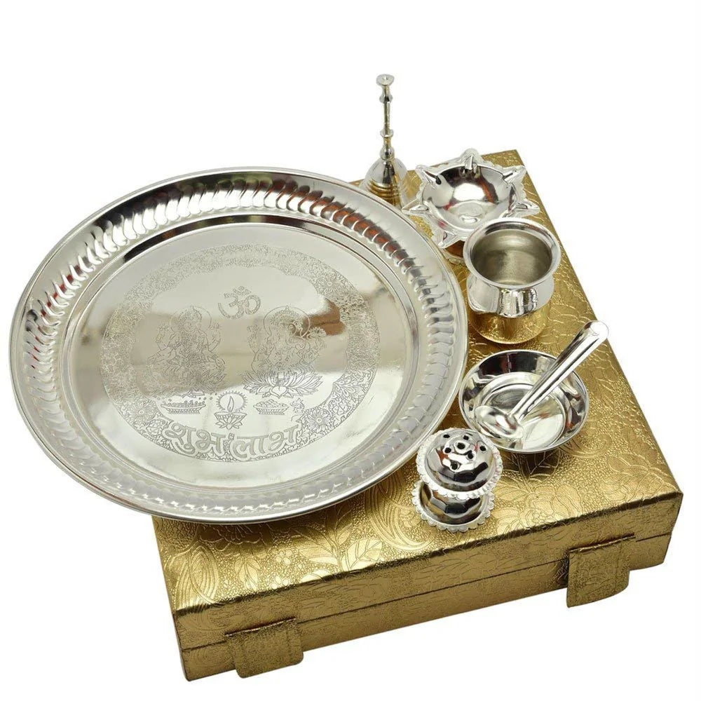 Pujahome Silver Plated Brass Pooja Thali Silver Colour with Golden Box (7 PEC. Silver)