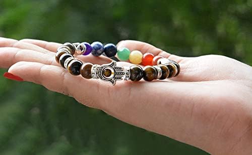 Pujahome Tiger Eye Bracelet, 7 Chakra Bracelet, Combination Bracelet, Crystal Bracelet 8 mm Stone Bracelet with Hamsa Charm Bracelet (Color : Multi)