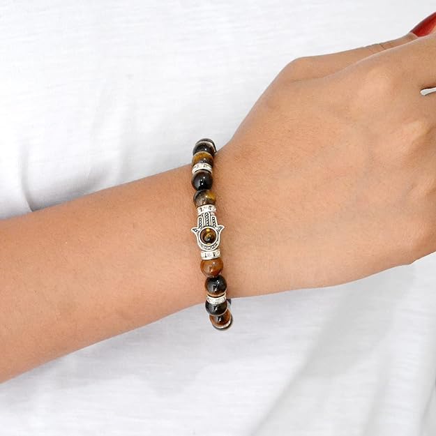 Pujahome Tiger Eye Bracelet, 7 Chakra Bracelet, Combination Bracelet, Crystal Bracelet 8 mm Stone Bracelet with Hamsa Charm Bracelet (Color : Multi)
