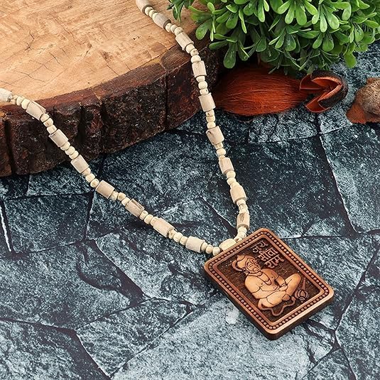 Pujahome Original & Natural Wood Tulsi Kanthi Mala With Hanuman Ji Locket Pendant