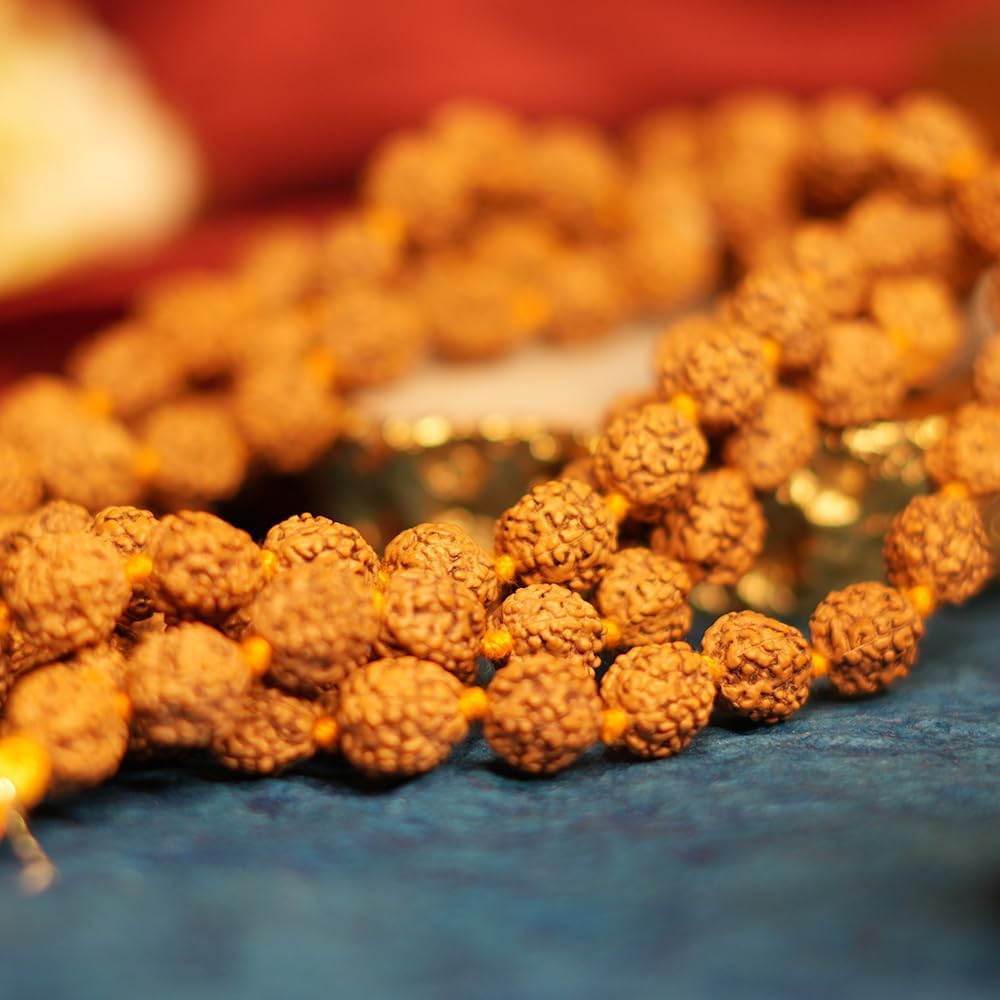 Pujahome Certified Original Rudraksha Mala (Brown, 9-10mm) with Certificate for Wearing and Japa Mala (5 Mukhi Mala, 108 Beads Mala Rosary Garland)