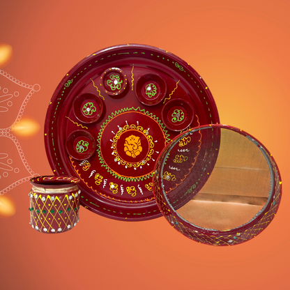 Pujahome Karwa Chauth Puja Samagri Kit With Thali Set (30+ Items) + Thali Set(6Pc Set - Ganesh Ji Design)