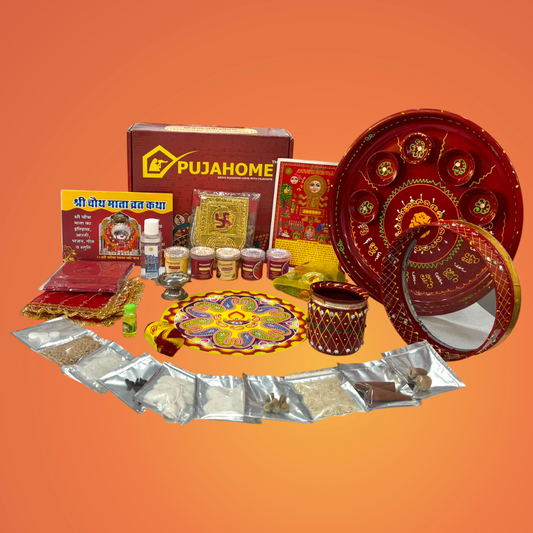 Pujahome Karwa Chauth Puja Samagri Kit With Thali Set (30+ Items) + Thali Set(6Pc Set - Ganesh Ji Design)