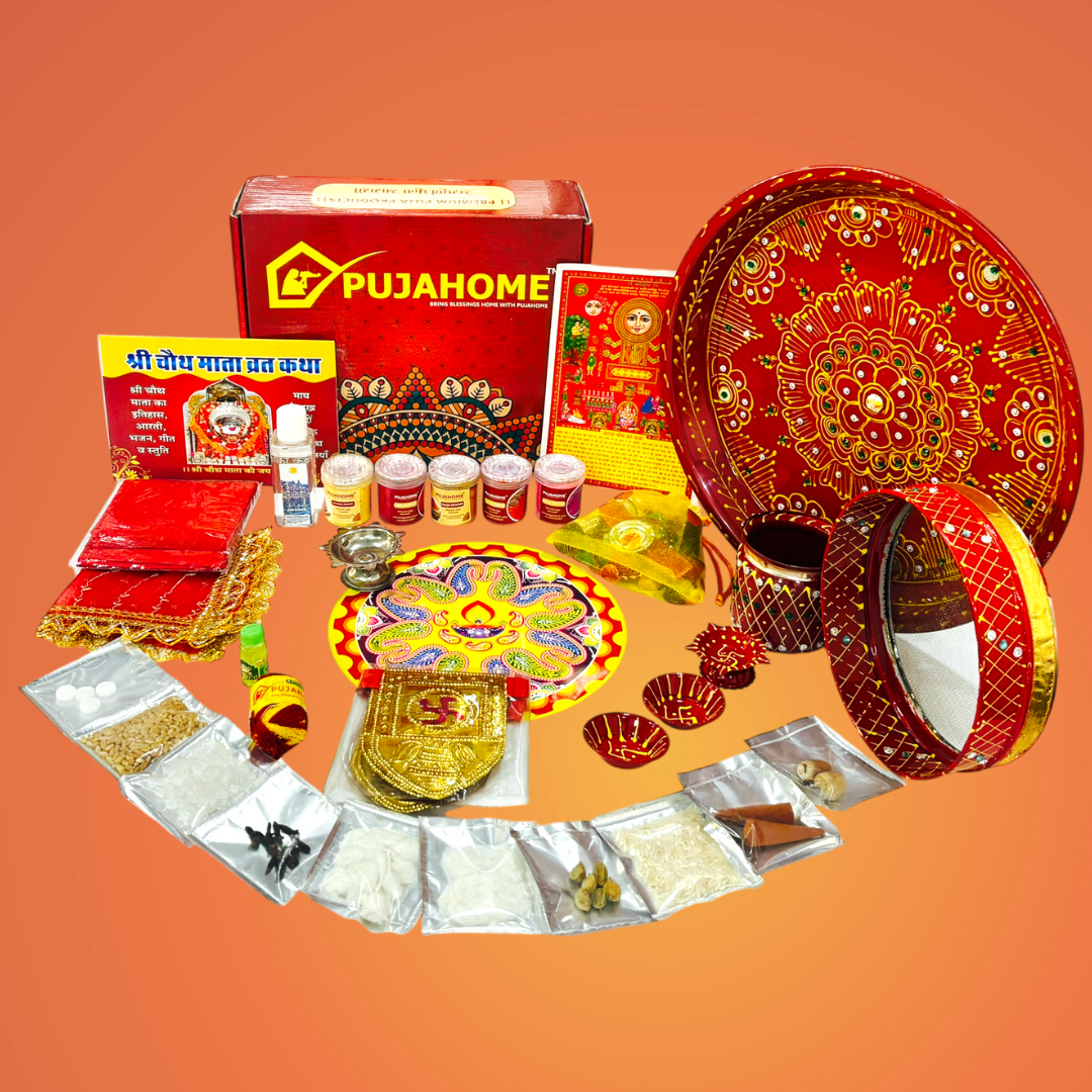 Pujahome Karwa Chauth Puja Samagri Kit With Thali Set (30+ Items) + Thali Set(6Pc Set - Meenakari Design)