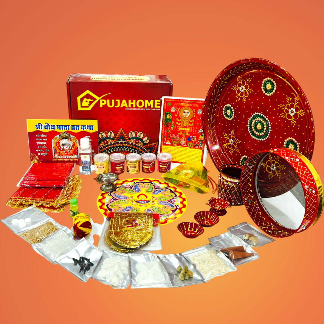 Pujahome Karwa Chauth Puja Samagri Kit with Thali Set and NavShringaar Saman (30+ Items) + Thali Set (6Pc Set - Handmade Design)