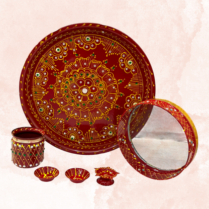 Pujahome Karwa Chauth Puja Samagri Kit With Thali Set (30+ Items) + Thali Set(6Pc Set - Meenakari Design)