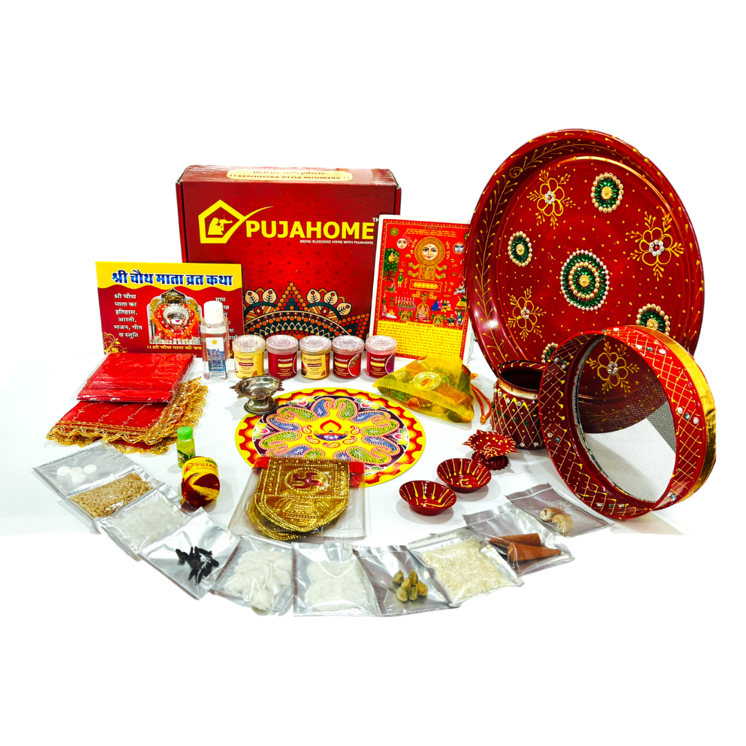 Pujahome Karwa Chauth Puja Samagri Kit with Thali Set and NavShringaar Saman (30+ Items) + Thali Set (6Pc Set - Handmade Design)