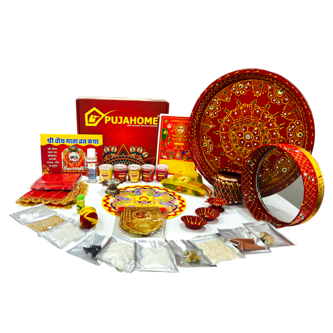 Pujahome Karwa Chauth Puja Samagri Kit With Thali Set (30+ Items) + Thali Set(6Pc Set - Meenakari Design)