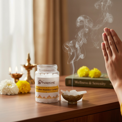 Pujahome 100% Pure Organic & Original Bhimseni Camphor (Kapur) – 100g × 3 Packs