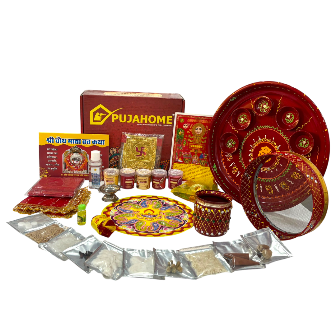 Pujahome Karwa Chauth Puja Samagri Kit With Thali Set (30+ Items) + Thali Set(6Pc Set - Ganesh Ji Design)