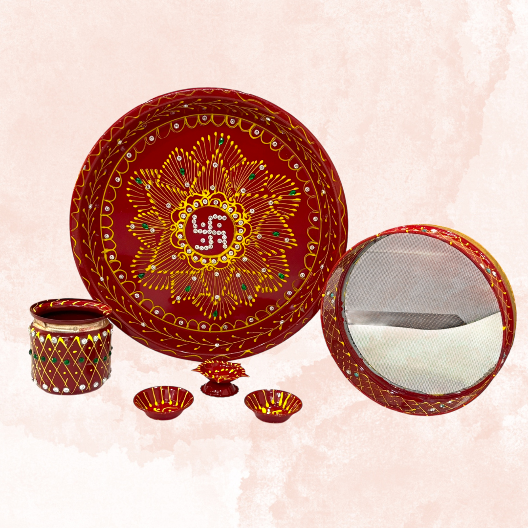 Pujahome Handmade Karwa Chauth Pooja Thali Set | Stainless Steel Thali | Kalash, Diya, and Bowls | Channi (Satiya Design)