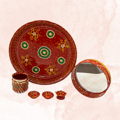 Pujahome Handmade Karwa Chauth Pooja Thali Set | Stainless Steel Thali | Kalash, Diya, and Bowls | Channi (Moti Work Design)