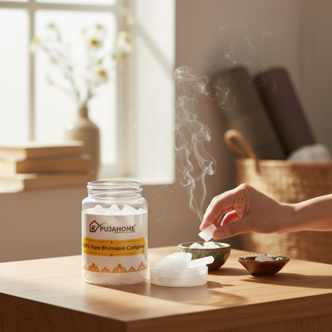 Pujahome 100% Pure Organic & Original Bhimseni Camphor (Kapur) – 100g × 3 Packs