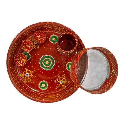 Pujahome Handmade Karwa Chauth Pooja Thali Set | Stainless Steel Thali | Kalash, Diya, and Bowls | Channi (Moti Work Design)