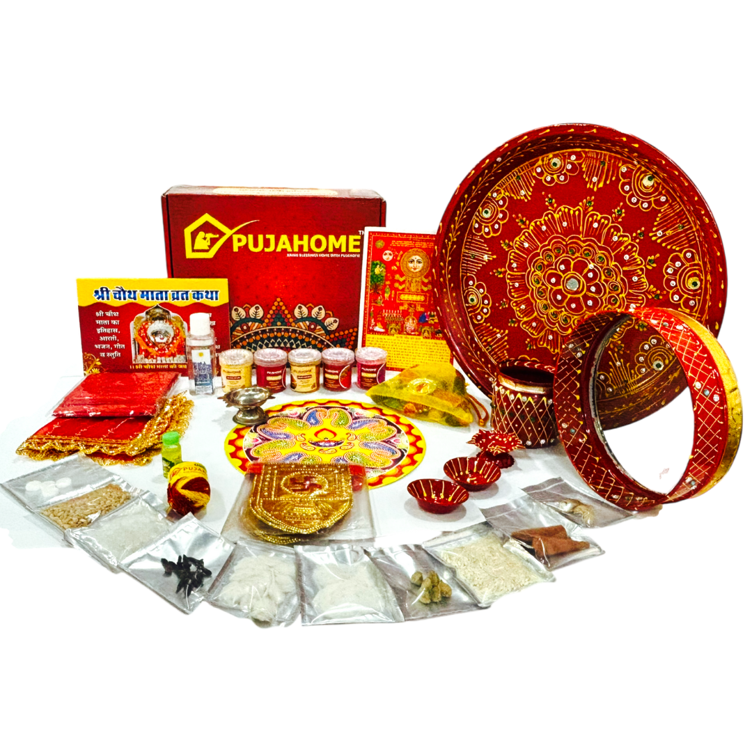 Pujahome Karwa Chauth Puja Samagri Kit With Thali Set (30+ Items) + Thali Set(6Pc Set - Meenakari Design)