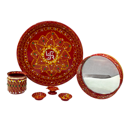 Pujahome Handmade Karwa Chauth Pooja Thali Set | Stainless Steel Thali | Kalash, Diya, and Bowls | Channi (Satiya Design)