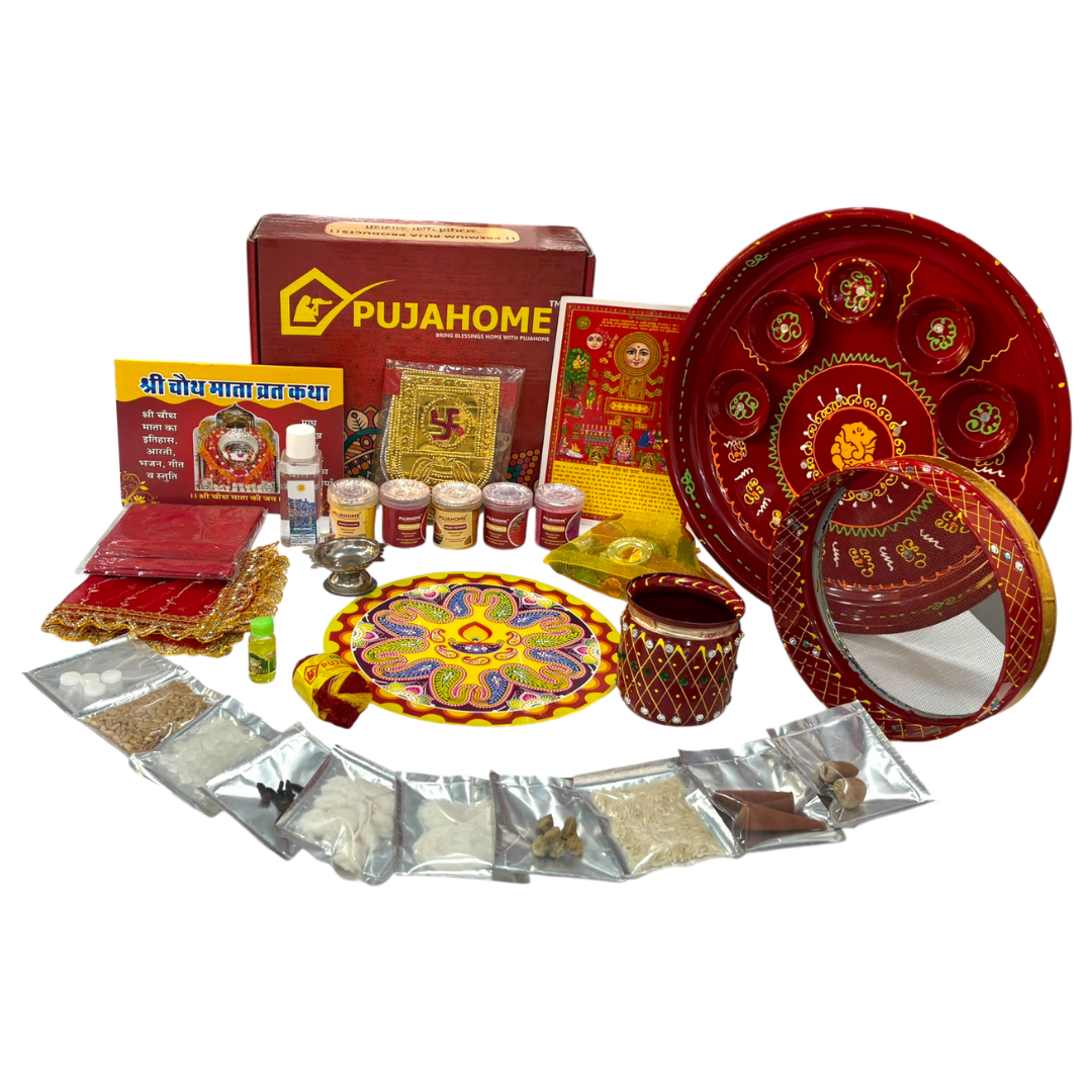 Pujahome Karwa Chauth Puja Samagri Kit With Thali Set (30+ Items) + Thali Set(6Pc Set - Ganesh Ji Design)