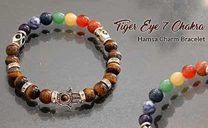 Pujahome Tiger Eye Bracelet, 7 Chakra Bracelet, Combination Bracelet, Crystal Bracelet 8 mm Stone Bracelet with Hamsa Charm Bracelet (Color : Multi)