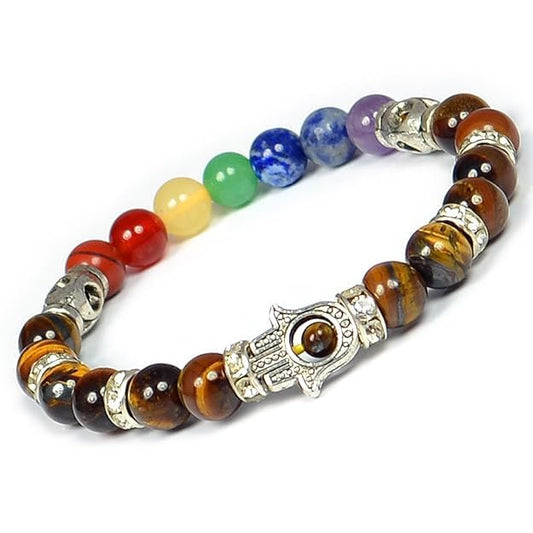 Pujahome Tiger Eye Bracelet, 7 Chakra Bracelet, Combination Bracelet, Crystal Bracelet 8 mm Stone Bracelet with Hamsa Charm Bracelet (Color : Multi)